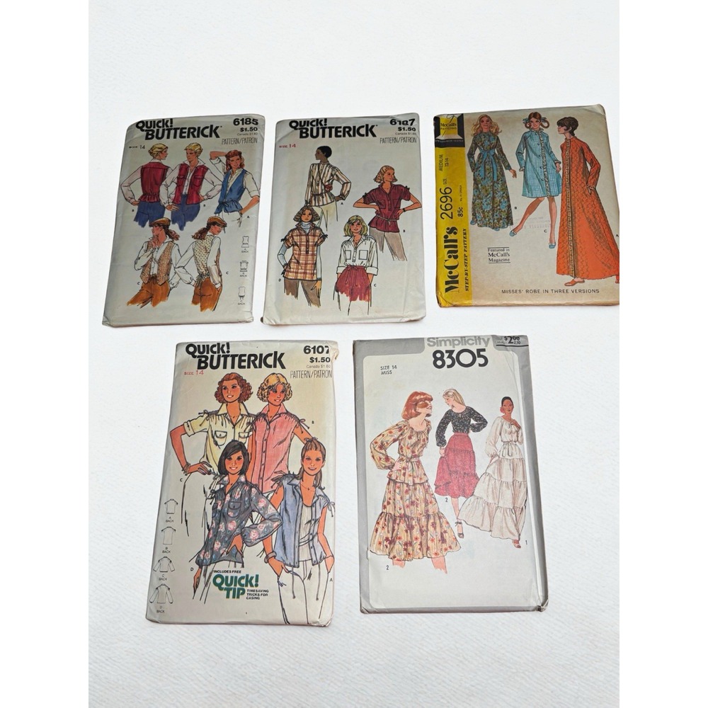 VTG 70's Sewing Pattern Lot of 5 Misses Boho Blouses Vests Robe Tiered Skirt